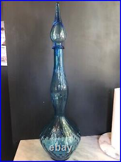 Antique Mid Century Genie Bottle Decanter Flame Stopper Glass Blue Empoli huge