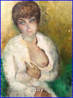 Antique Mid Century Modern French Impressionist Nude Woman Oil Painting 1960
