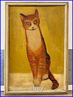 Antique Mid Century Modern Impressionist Tabby Cat Kitten Oil Painting, 1950s