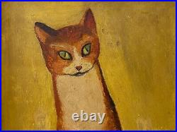 Antique Mid Century Modern Impressionist Tabby Cat Kitten Oil Painting, 1950s