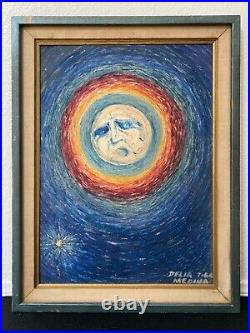 Antique Mid Century Modern Surrealist Oil Painting, Moon & Stars Medina'64