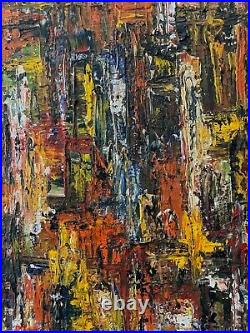 Antique Vintage Mid Century Modern Abstract Cityscape Oil Painting, 1960s