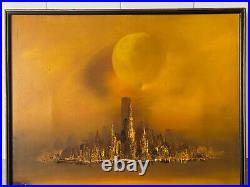 Antique Vintage Mid Century Modern Abstract Cityscape Oil Painting, Styles 60s