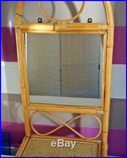 Bamboo and Rattan Mirror Shelf Unit Mid Century Vintage Bohemian Tiki