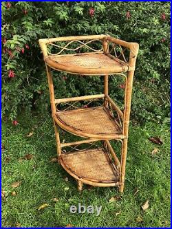 Boho Mid Century Wicker Bamboo Cane Tiki Retro Scandi Vintage Corner Shelf #L