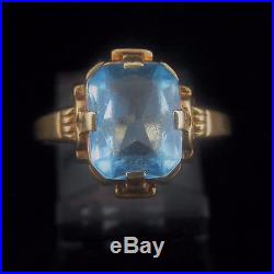 C. 1940s Retro Blue Gemstone 10k Yellow Gold Ring Estate Vintage Mid Century