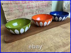 Cathrineholm 4 Lotus Bowls Set Enamelware Vintage Dip Teak Tray Wooden Wood