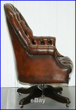 Circa 1920 Art Deco Chesterfield Barrel Brown Leather Directors Captains Chair