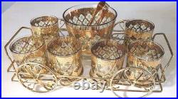 Culver Valencia MCM Low Ball Glass Barware Set 22kt Gold, Green Diamonds & Caddy