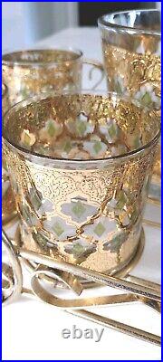 Culver Valencia MCM Low Ball Glass Barware Set 22kt Gold, Green Diamonds & Caddy