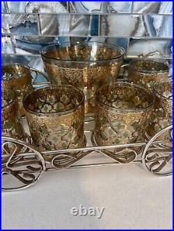 Culver Valencia MCM Low Ball Glass Barware Set 22kt Gold, Green Diamonds & Caddy