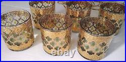 Culver Valencia MCM Low Ball Glass Barware Set 22kt Gold, Green Diamonds & Caddy