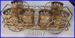 Culver Valencia MCM Low Ball Glass Barware Set 22kt Gold, Green Diamonds & Caddy