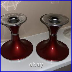 Emalox Norway Red Candle Holders Pair Anodized Aluminum Metal Mid-Century Modern