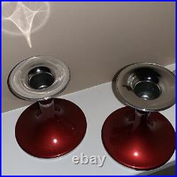 Emalox Norway Red Candle Holders Pair Anodized Aluminum Metal Mid-Century Modern