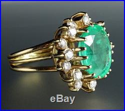 Emerald Diamond Halo 14K Yellow Gold Vintage Mid-Century Retro Cocktail Ring