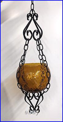 Empoli Glass Bowl Candle Holder Swag Wrought Iron Amber Optic Mid Century PAIR