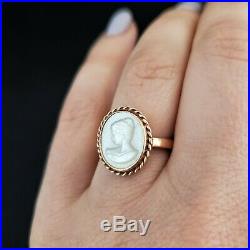 Estate 14k Yellow Gold Mother of Pearl Cameo Ring Vintage Retro Mid Century Gift