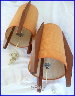 FAB PAIR Vtg 60's MID CENTURY MODERN TEAK orange cylinder LAMPS Danish Beehive