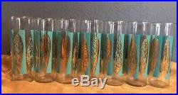 Fred Press 7 Glasses Turquoise Gold Leaf Mid Century Cocktail High Ball 60s