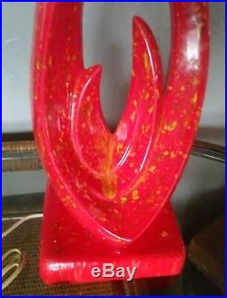 Funky 60s Mid Century Modern Ceramic Red Orange Flames Mottled Table Lamp