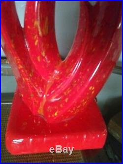 Funky 60s Mid Century Modern Ceramic Red Orange Flames Mottled Table Lamp