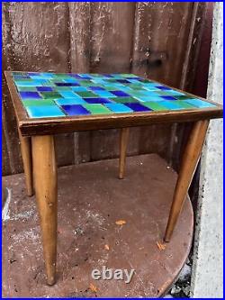 GEORGES BRIARD Style GREEN AND BLUE MCM MOSIAC Tile TABLE 15x15x15 Tapered Legs