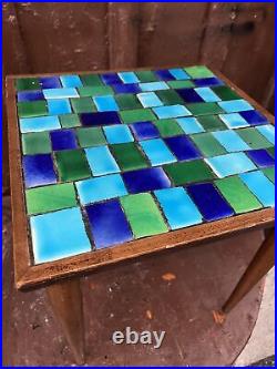 GEORGES BRIARD Style GREEN AND BLUE MCM MOSIAC Tile TABLE 15x15x15 Tapered Legs