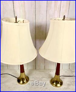 Great Pair Vintage Mid Century Modern Wood Brass Table Lamps Retro Atomic Age