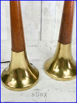 Great Pair Vintage Mid Century Modern Wood Brass Table Lamps Retro Atomic Age