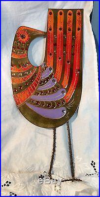 Great Vintage Signed C Jere Metal Wall Sculpture, Peacock Bird withJewels