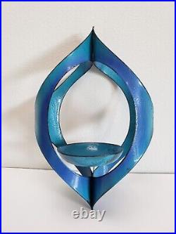 Hanova Blue Enamel Metal Hanging Candle Plant Holder Handcrafted MCM Vintage