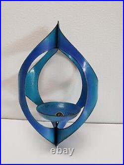 Hanova Blue Enamel Metal Hanging Candle Plant Holder Handcrafted MCM Vintage