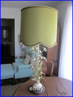 Italy Italian Tole Toleware Art Lamp Antique White Metal Flowers Green VINTAGE