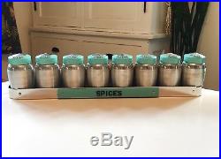 KROMEX Turquoise Spice Set Rack 8 Aluminum Shakers Vtg Mid Century Retro 50s