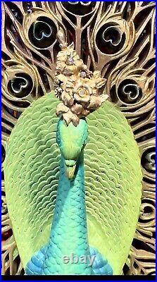 LARGE 1960'S MCM PEACOCK WALL ART SCULPTURE HAND PAINTED WithVINTAGE BROOCH