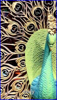LARGE 1960'S MCM PEACOCK WALL ART SCULPTURE HAND PAINTED WithVINTAGE BROOCH