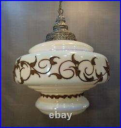 Large 13 VTG Mid Century Modern White Gilted Glass Iridescent Hanging Swag Lamp