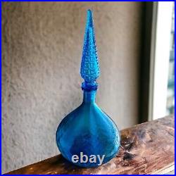 Large MCM Italian Blue Glass Hand Blown Barware Decanter Flame Stopper 15