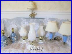 Large Vintage Mid Century Cream & Wedgwood Blue Tole Table Desk Bedroom Lamp