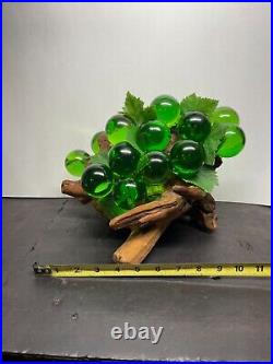 Large Vtg Retro MID Century Green Glass Grape Cluster On Driftwood