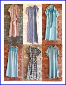 Lot of 5 Vtg Day Dress Handmade Mid Century Retro Short Sleeve Pink Blue Brown