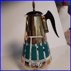 Lovely Fred Press Coffee Carafe Vintage MCM Glass No Warmer Turquoise Gold Crown