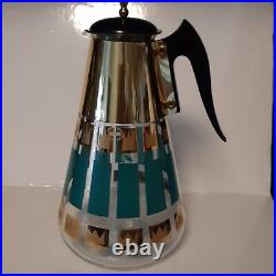 Lovely Fred Press Coffee Carafe Vintage MCM Glass No Warmer Turquoise Gold Crown