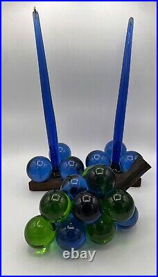 Lucite Candles, Lucite Candle Holders, And Lucite Grapes Center Piece Set Blue