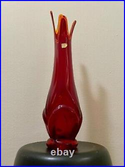 MCM Viking Swung Glass 17 Ruby Red & Persimmon Four-Finger Vase with Sticker
