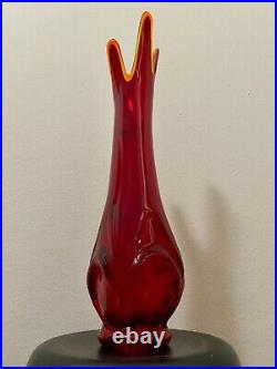 MCM Viking Swung Glass 17 Ruby Red & Persimmon Four-Finger Vase with Sticker