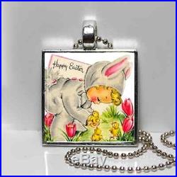 MID CENTURY Retro VINTAGE EASTER BUNNY Card Silver Plated Pendant Gift Necklace