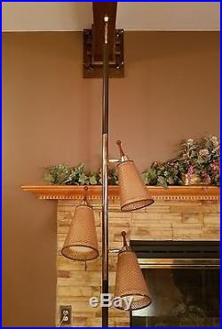 MID Century Modern Tension Pole Floor Lamp 3 Light Wicker Vtg Eames Retro Atomic
