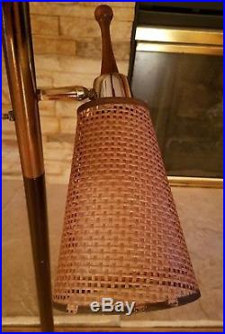 MID Century Modern Tension Pole Floor Lamp 3 Light Wicker Vtg Eames Retro Atomic